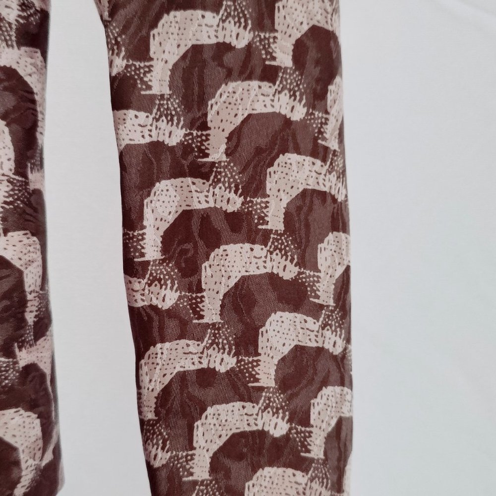 VTG 80s 90s 100% Silk Twist Front Midi Dress Scallop Brocade Brown Size 4 - Picture 3 of 15